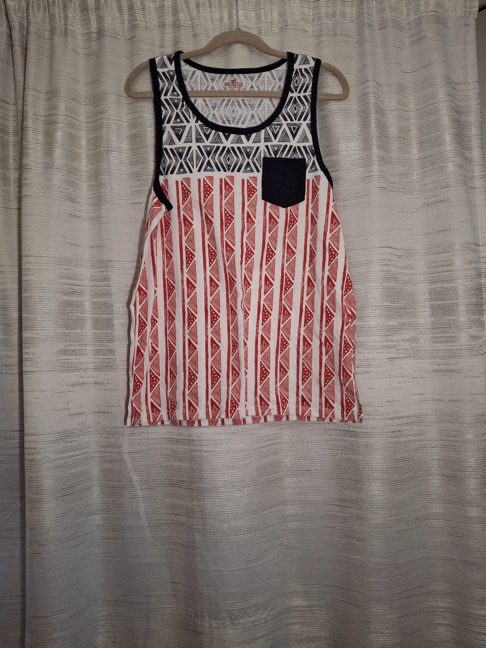 Hollister Red & White Geometric Tribal Tank with Navy Trim and Pocket Medium